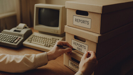 A vintage office setup with reports, computers, and the act of labeling creates a sense of nostalgia, reflecting the bygone era of early computing and information management.