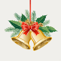 Elegant Christmas illustration of two golden bells tied with a bright red bow and fir branches for holiday greetings