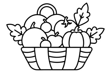 line art Harvest basket with fruits and vegetables, autumn element silhouette vector illustration
