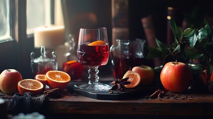 Warm mulled wine for prepared with apple orange and spices