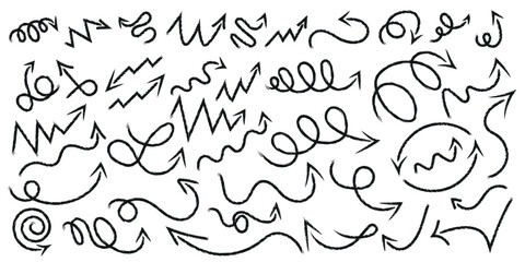 Hand drawn doodle arrows vector set, sketch direction symbols and curved marker arrow elements design