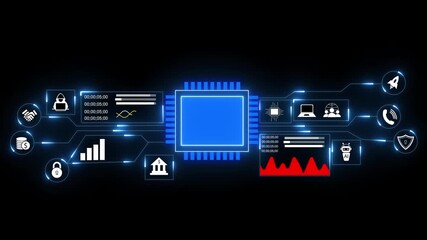 Glowing blue abstract circuit board featuring a central processor core and connected data lines on a sleek black background, symbolizing innovation and digital technology. - Powered by Adobe