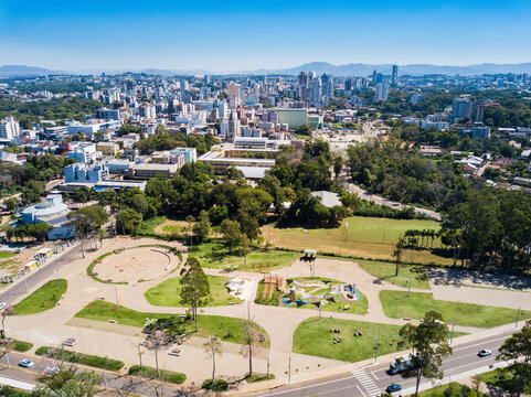 Lajeado RS - aerial view of Ney Santos Arruda Park and the city center of Lajeado, Rio Grande do Sul