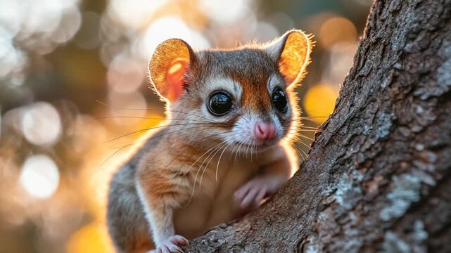 Adorable Mouse Lemur Clinging to Tree Trunk in Golden Sunlight.
