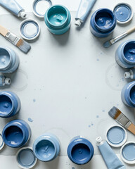 Blue Paint Jars And Brushes In Circle Composition On Light Background. Concept Of Creative Process, DIY Painting, Artistic Hobbies, Color Palettes, And Modern Craft Visual Content