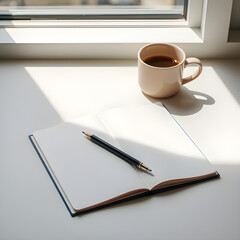 Open notebook and coffee mug on a windowsill with sunlight streaming in
