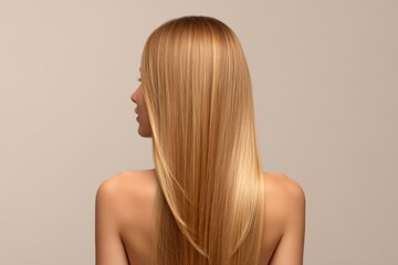 Fototapeta premium Elegant woman, serene, showcasing long straight blonde hair against a neutral background