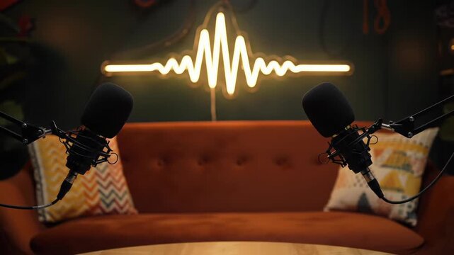 Podcast Studio Setup With Two Microphones And Neon Soundwave Light