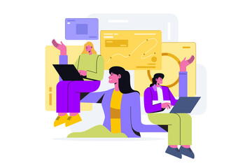 Three Female Figures Reviewing Digital Data on Transparent Background