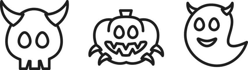 Set of three outline Halloween icons: a mischievous skull with horns, a grinning pumpkin, and a cute ghost. Ideal for simple, clean, and modern holiday designs, invitations, and spooky projects.