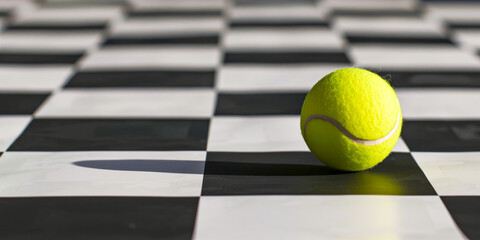 Sport Banner With Tennis Ball On Checkerboard Floor In Sunlight. Concept Of Tennis Tournament, Match Announcement, Sports Promotion, Championship Design, And Competitive Game Visuals