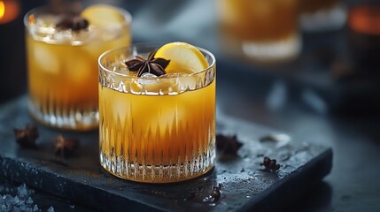 Wassail mulled apple cider with lemon and spices in glasses
