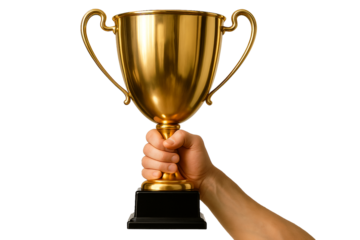 Golden trophy cup held by hand isolated on clear background, symbol of success, victory, and achievement