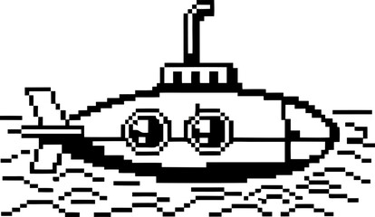 Fototapeta premium Retro pixel submarine floating on ocean surface vintage underwater vessel, monochrome digital art, simple line drawing