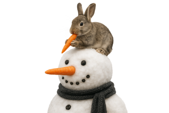 A snowman with a carrot nose and a rabbit on top on a white background on a transparent background. Winter composition. - Powered by Adobe