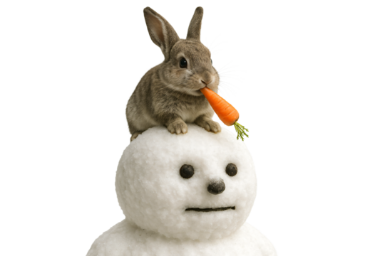 A small rabbit with a carrot on a snowman's head on a white background on a transparent background. Winter mood.