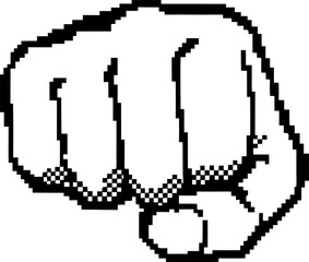 Pixel art clenched fist punching forward black and white digital icon, retro style, power and strength gesture