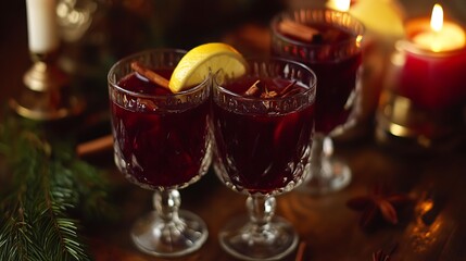Wassail mulled apple cider with lemon and spices in glasses