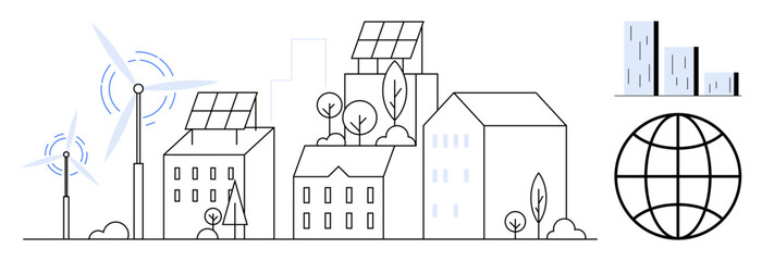 Urban skyline featuring solar panels, wind turbines, eco-friendly buildings, trees, bar chart, and globe. Ideal for sustainability, green energy, urban development innovation environment global
