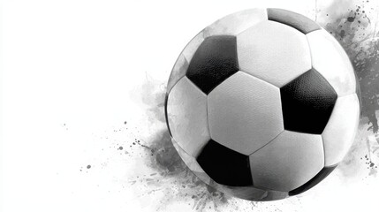 Fototapeta premium Soccer ball with watercolor splash effect in black and white, depicting motion and energy for international tournaments and championships on a clean white background