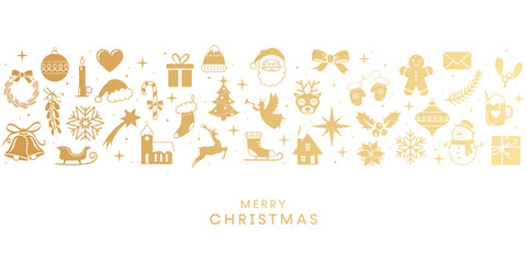 Fototapeta premium Christmas greeting card, gold decorations banner, holidays border