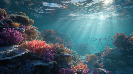 Naklejka premium Underwater coral reef illuminated by shafts of sunlight, photorealistic detail