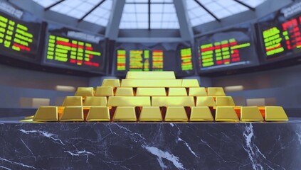 Pyramid of gold bars on marble table in front of stock exchange board with green and red numbers. Image represents wealth, finance, and investment.