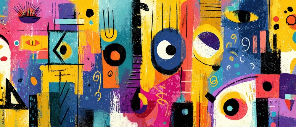 Poster vibrant abstract painting with musical instrument elements in a colorful and playful composition con