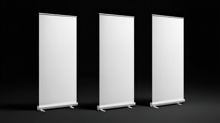 Three blank roll up banners providing marketing professionals with a versatile mockup for advertising, branding, promotion, and event presentations on a dark background