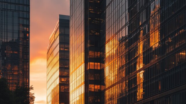 Sunset reflected on modern glass skyscrapers, warm glowing tones