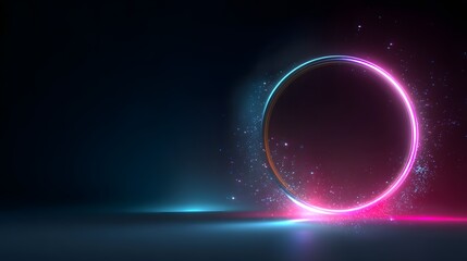 Obraz premium Futuristic neon ring hovering on the left third with magenta and cyan glow, cinematic gradient light and particle depth, ideal for modern tech and digital background design