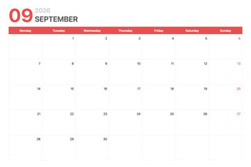 Calendar 2026. Calendar week 2026 starts on Monday. Corporate minimalist clean calendar for September 2026