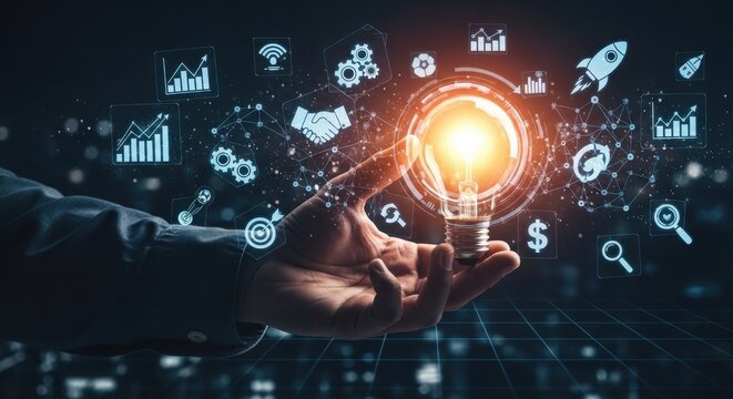 Innovation and technology concepts abstract light bulb glowing in hand with icons