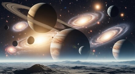 Vast Cosmic Landscape With Ringed Planets And Galaxies