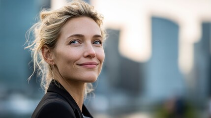 A confident woman smiles thoughtfully against a city skyline, showcasing urban lifestyle and contemporary living.