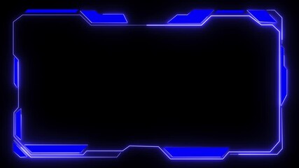 Futuristic blue neon frame border adorned with intricate geometric shapes, glowing lines, and luminous highlights set against a sleek black background for a modern tech aesthetic. - Powered by Adobe