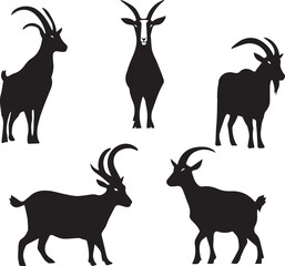 Naklejka premium Goat silhouette set — black and white illustration of five goats in varied poses and horn styles for farm, animal, and rural themes
