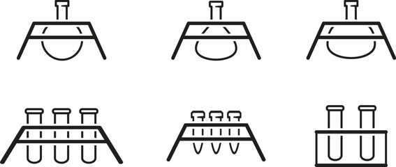 Science lab equipment vector icon set: test tubes in a rack, and chemical flasks on stands. Clean line art perfect for education, chemistry, research, medical, and innovation technology graphics