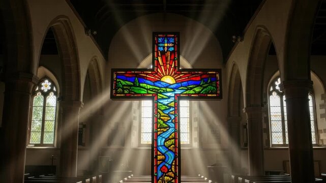 stained glass cross depicting sun river and landscape stands centrally in church with stone arches gothic windows and rows of pews bathed in streaming light rays