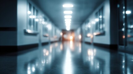Obraz premium A dimly lit hospital corridor with shiny floors and soft lighting, creating an eerie and mysterious atmosphere.