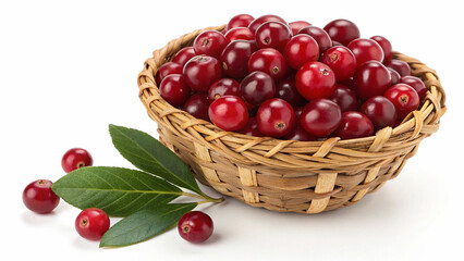 Cranberries in basket and with leaves in white background