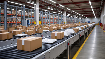 High-tech logistics center interior with multiple conveyor belts transporting cardboard boxes and plastic parcels. Bright, organized space illustrating automation and e-commerce fulfillment