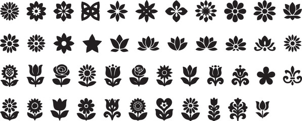 Fototapeta premium Large collection of various black flower and floral motif icons isolated on transparent background, featuring different shapes and styles