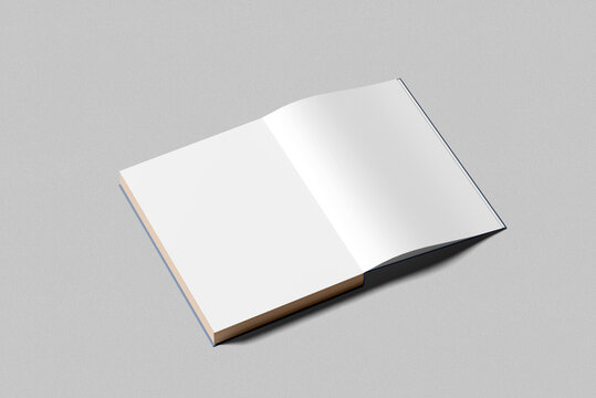 Open book mockup. Blank magazine template for copy space. Empty space in cover. Grey background. 3d render