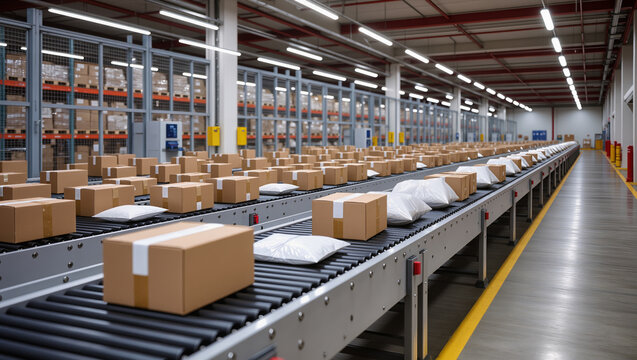 High-tech logistics center interior with multiple conveyor belts transporting cardboard boxes and plastic parcels. Bright, organized space illustrating automation and e-commerce fulfillment