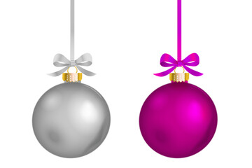 Vector realistic silver and pink christmas ball ornament with elegant long bow on transparent background.