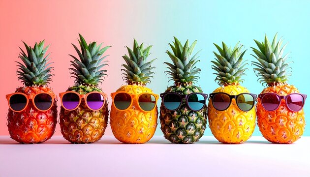 A row of vibrant pineapples wearing stylish sunglasses on a colorful gradient background, creating a fun and tropical summer concept.