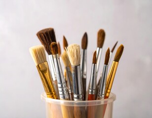 Group of assorted paintbrushes in a clear plastic holder