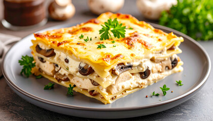 White chicken and mushroom lasagna, closeup. AI