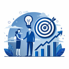 Business people shaking hands with symbols of growth ideas and target achievement.